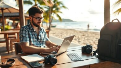 Nômade digital trabalhando em laptop em viagem
