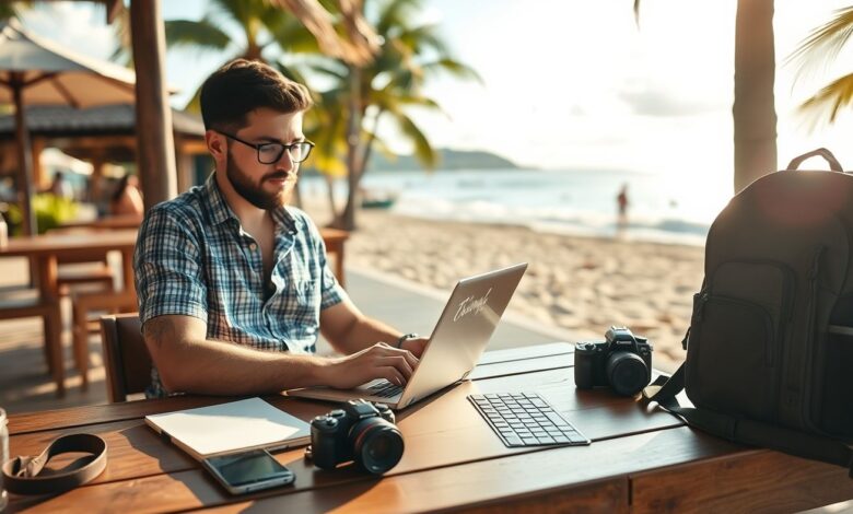 Blog Nômade: Como Criar e Monetizar Seu Blog de Viagens com Sucesso - Web Nômade Digital Nômade digital trabalhando em laptop em viagem