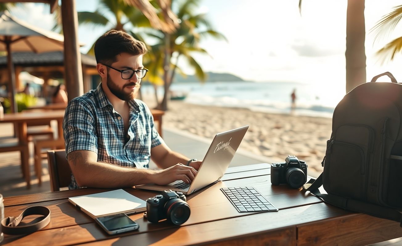 Nômade digital trabalhando em laptop em viagem