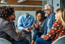 Um mentor empresarial experiente se envolvendo com um grupo diversificado de mentorados em um ambiente colaborativo.