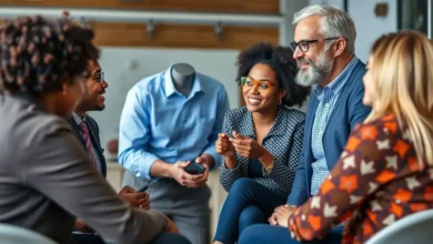 Um mentor empresarial experiente se envolvendo com um grupo diversificado de mentorados em um ambiente colaborativo.
