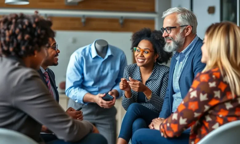 Um mentor empresarial experiente se envolvendo com um grupo diversificado de mentorados em um ambiente colaborativo.