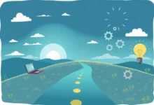 Ilustração simbolizando a jornada empreendedora com laptop e lâmpadas.