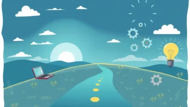 Ilustração simbolizando a jornada empreendedora com laptop e lâmpadas.