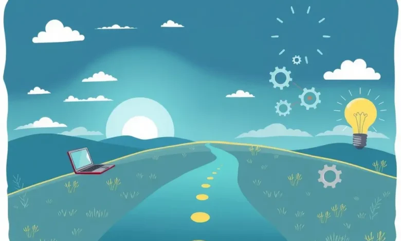 7 Mitos e Verdades sobre Empreender Online Que Todo Aspirante Deveria Saber - Web Nômade Digital Ilustração simbolizando a jornada empreendedora com laptop e lâmpadas.