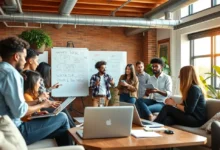 Grupo diverso apoiando uns aos outros na jornada empreendedora.