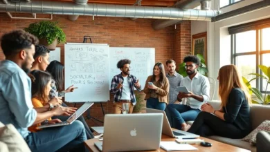 Grupo diverso apoiando uns aos outros na jornada empreendedora.