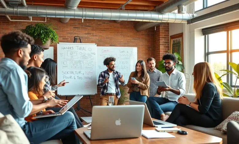 Grupo diverso apoiando uns aos outros na jornada empreendedora.