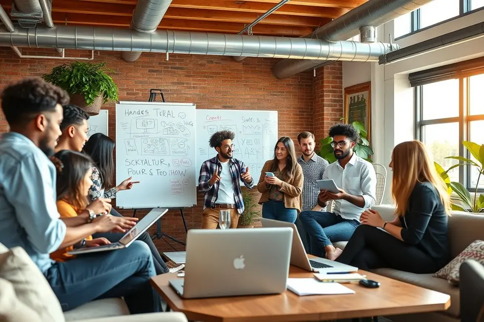 Grupo diverso apoiando uns aos outros na jornada empreendedora.