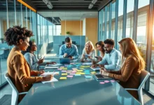 Grupo diversificado de pessoas colaborando em uma ideia de negócios.