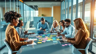 Grupo diversificado de pessoas colaborando em uma ideia de negócios.