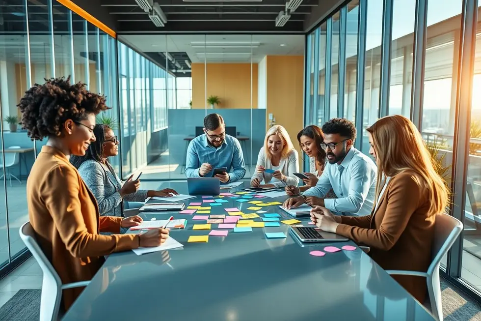 Grupo diversificado de pessoas colaborando em uma ideia de negócios.