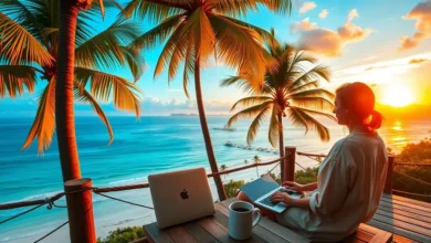 Digital nomad working on a laptop with a sunset view.
