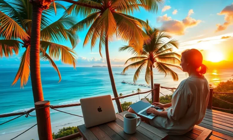 Digital nomad working on a laptop with a sunset view.