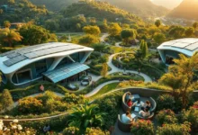 Nômades digitais trabalhando em harmonia com a natureza em um ambiente sustentável.