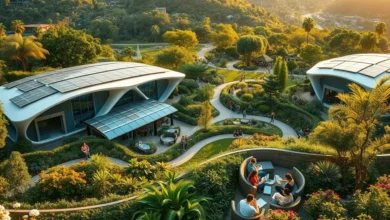 Nômades digitais trabalhando em harmonia com a natureza em um ambiente sustentável.