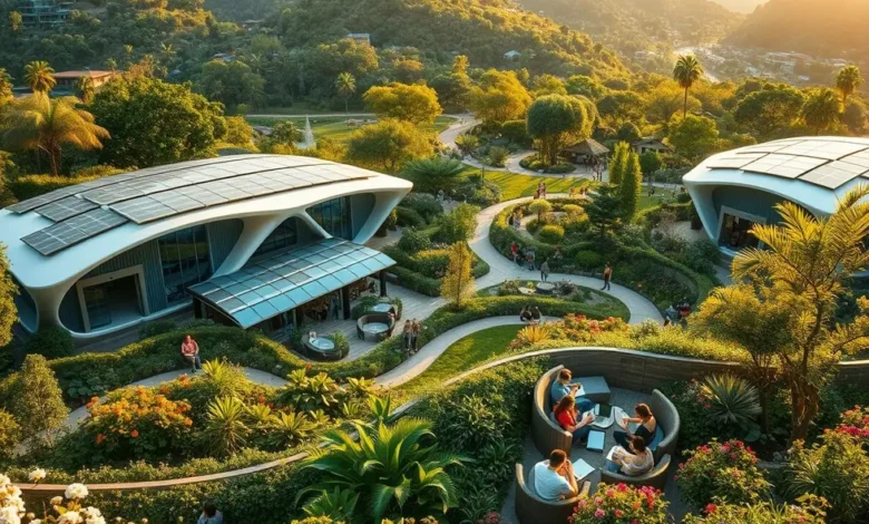 Nômades digitais trabalhando em harmonia com a natureza em um ambiente sustentável.