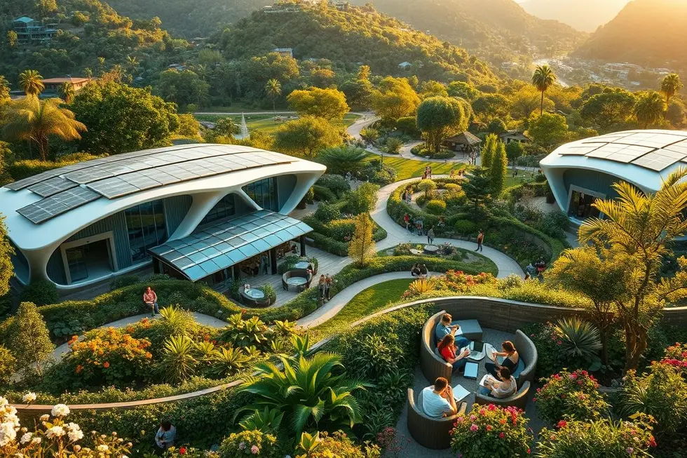 Nômades digitais trabalhando em harmonia com a natureza em um ambiente sustentável.
