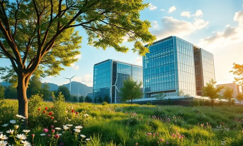 Espaço de trabalho digital sustentável na natureza.