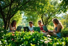 Grupo de nômades digitais em um espaço verde, simbolizando crescimento e práticas sustentáveis.