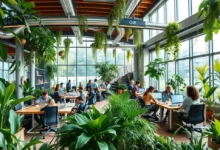 Grupo de nômades digitais trabalhando em um espaço colaborativo e sustentável.