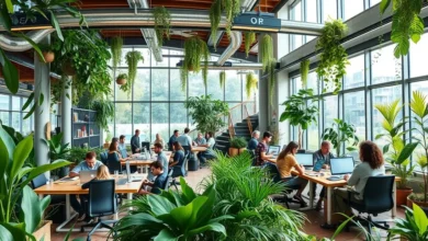 Grupo de nômades digitais trabalhando em um espaço colaborativo e sustentável.