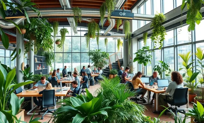 Grupo de nômades digitais trabalhando em um espaço colaborativo e sustentável.