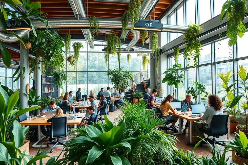 Grupo de nômades digitais trabalhando em um espaço colaborativo e sustentável.