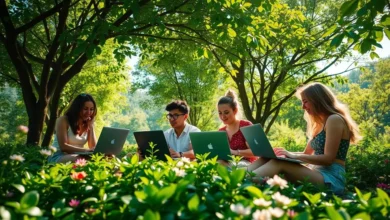 Grupo de nômades digitais em um espaço verde, simbolizando crescimento e práticas sustentáveis.