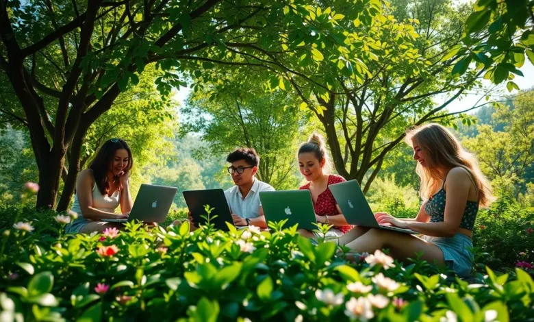 Grupo de nômades digitais em um espaço verde, simbolizando crescimento e práticas sustentáveis.