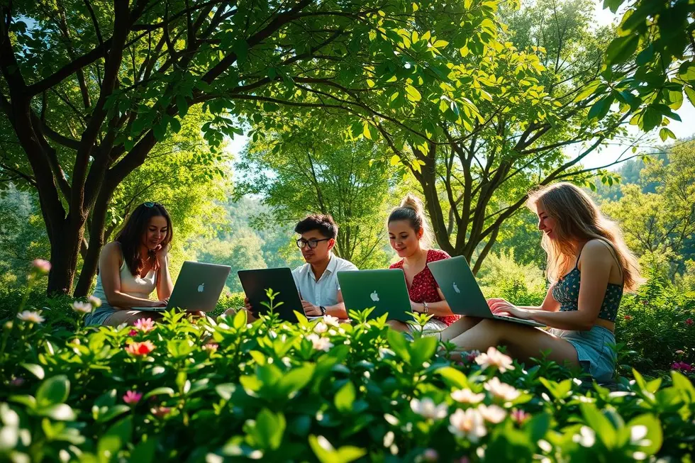 Grupo de nômades digitais em um espaço verde, simbolizando crescimento e práticas sustentáveis.