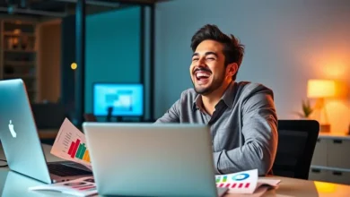 Empreendedor digital comemorando resultados positivos em negócios online.