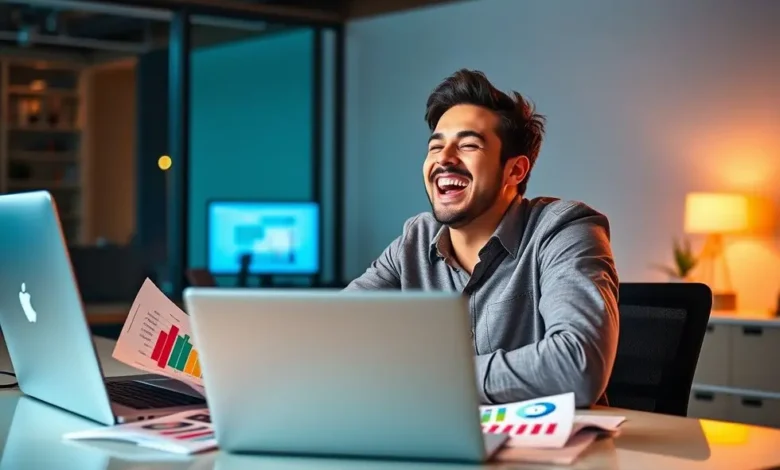 Empreendedor digital comemorando resultados positivos em negócios online.