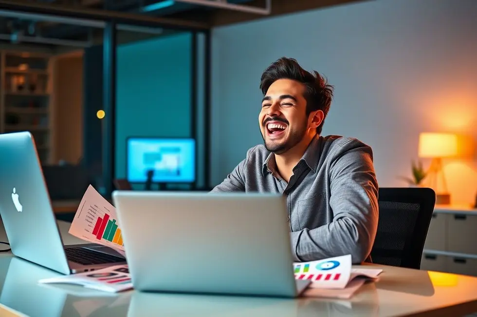 Empreendedor digital comemorando resultados positivos em negócios online.