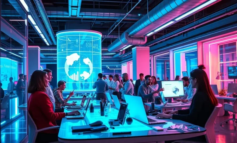 Ambiente de trabalho digital com empreendedores colhendo ideias sobre lucratividade.