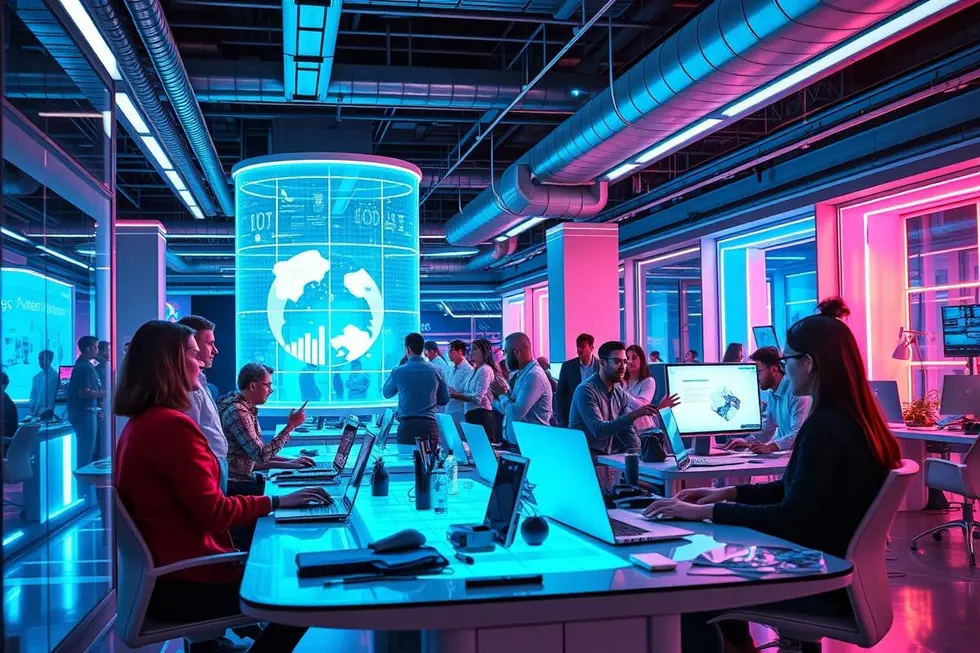 Ambiente de trabalho digital com empreendedores colhendo ideias sobre lucratividade.