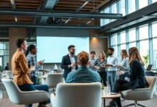 Grupo diverso de empreendedores discutindo sobre gestão estratégica em um ambiente moderno.