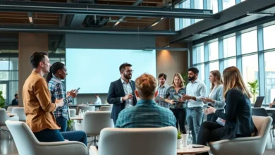 Grupo diverso de empreendedores discutindo sobre gestão estratégica em um ambiente moderno.