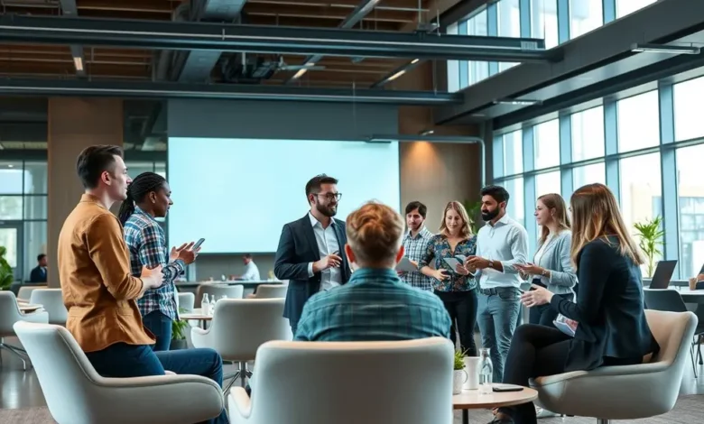 Grupo diverso de empreendedores discutindo sobre gestão estratégica em um ambiente moderno.