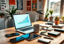 Espaço de trabalho vibrante de um empreendedor digital.