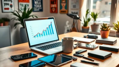 Espaço de trabalho vibrante de um empreendedor digital.