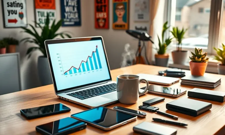 7 Estratégias de Gestão Estratégica para Aumentar a Rentabilidade do Seu Negócio Online - Web Nômade Digital Espaço de trabalho vibrante de um empreendedor digital.