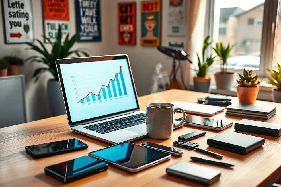 Espaço de trabalho vibrante de um empreendedor digital.