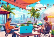 Nômades digitais e empreendedores em um ambiente de negócios online.
