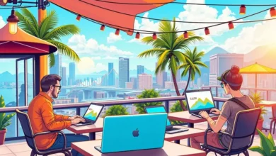 Nômades digitais e empreendedores em um ambiente de negócios online.