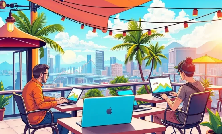Nômades digitais e empreendedores em um ambiente de negócios online.