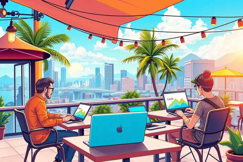 Nômades digitais e empreendedores em um ambiente de negócios online.