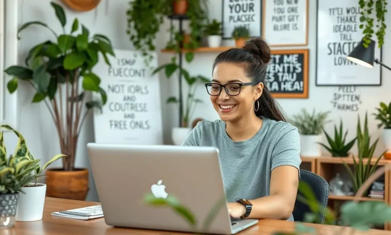 Freelancer trabalhando feliz em um ambiente produtivo