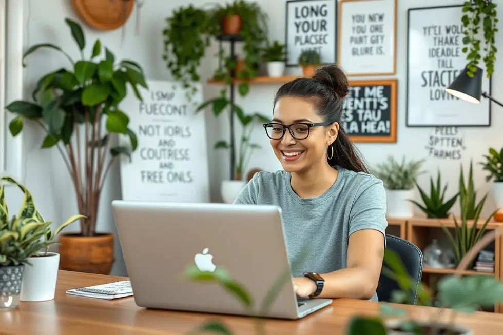 Freelancer trabalhando feliz em um ambiente produtivo