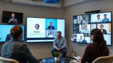 Mentor em um ambiente de apoio realizando um workshop online com empreendedores.